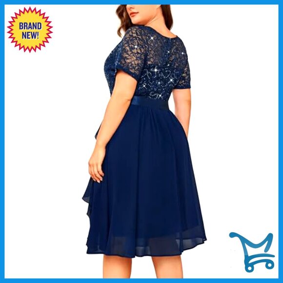 Sequins Lace Chiffon V Neck Flowy Cocktail Prom Midi Dress Elegant Party Wear - Picture 2 of 6